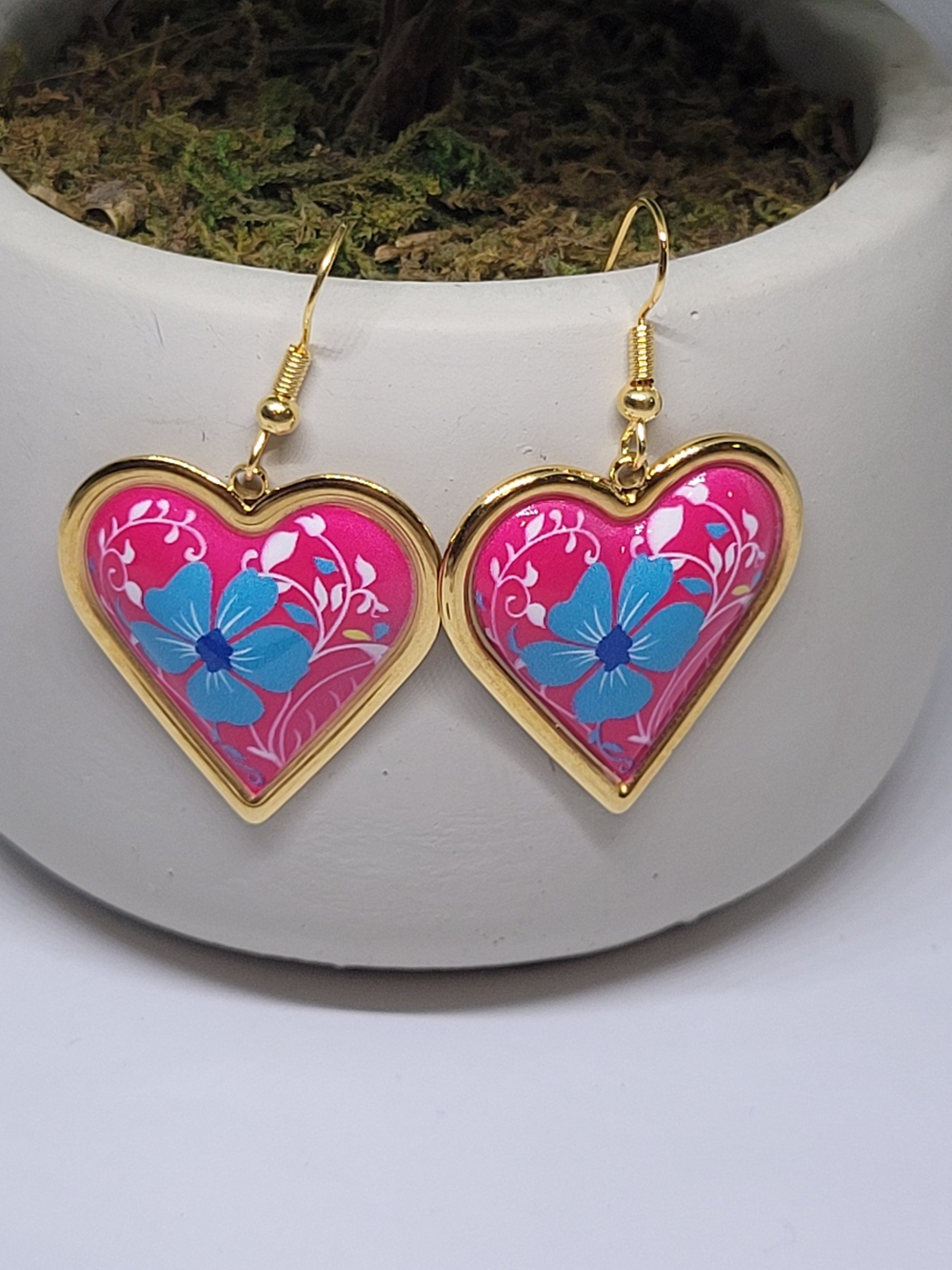 Gold Heart Drop Earrings with Pink & Blue Floral Inlay